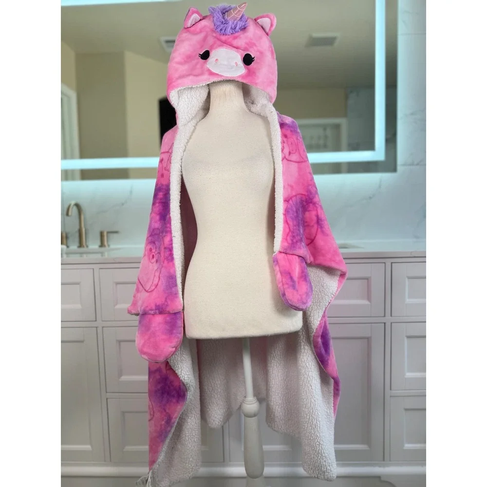 Squishmallows Lola Unicorn Hooded Blanket Kids Pink Purple Tie Dye Sherpa Plush